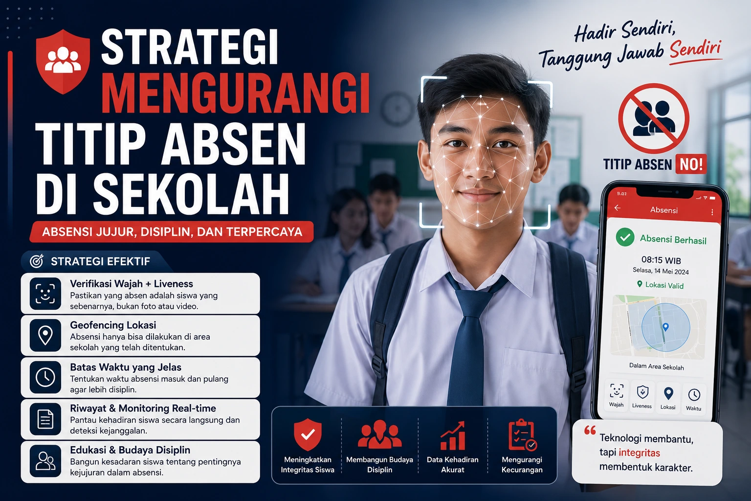 Thumbnail strategi mengurangi titip absen di sekolah dengan validasi digital.