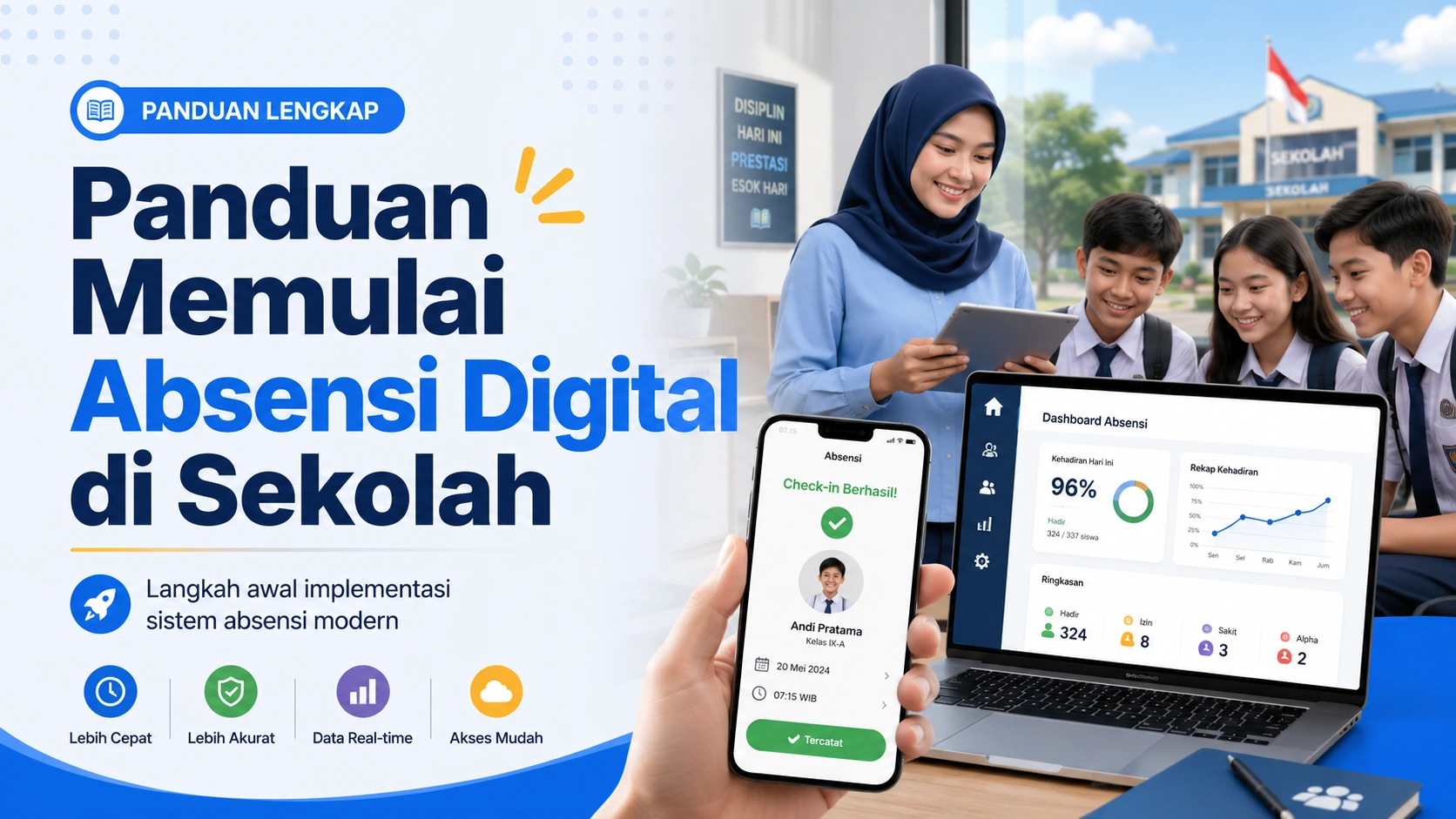 Thumbnail panduan memulai absensi digital di sekolah dengan visual dashboard SiHadir.
